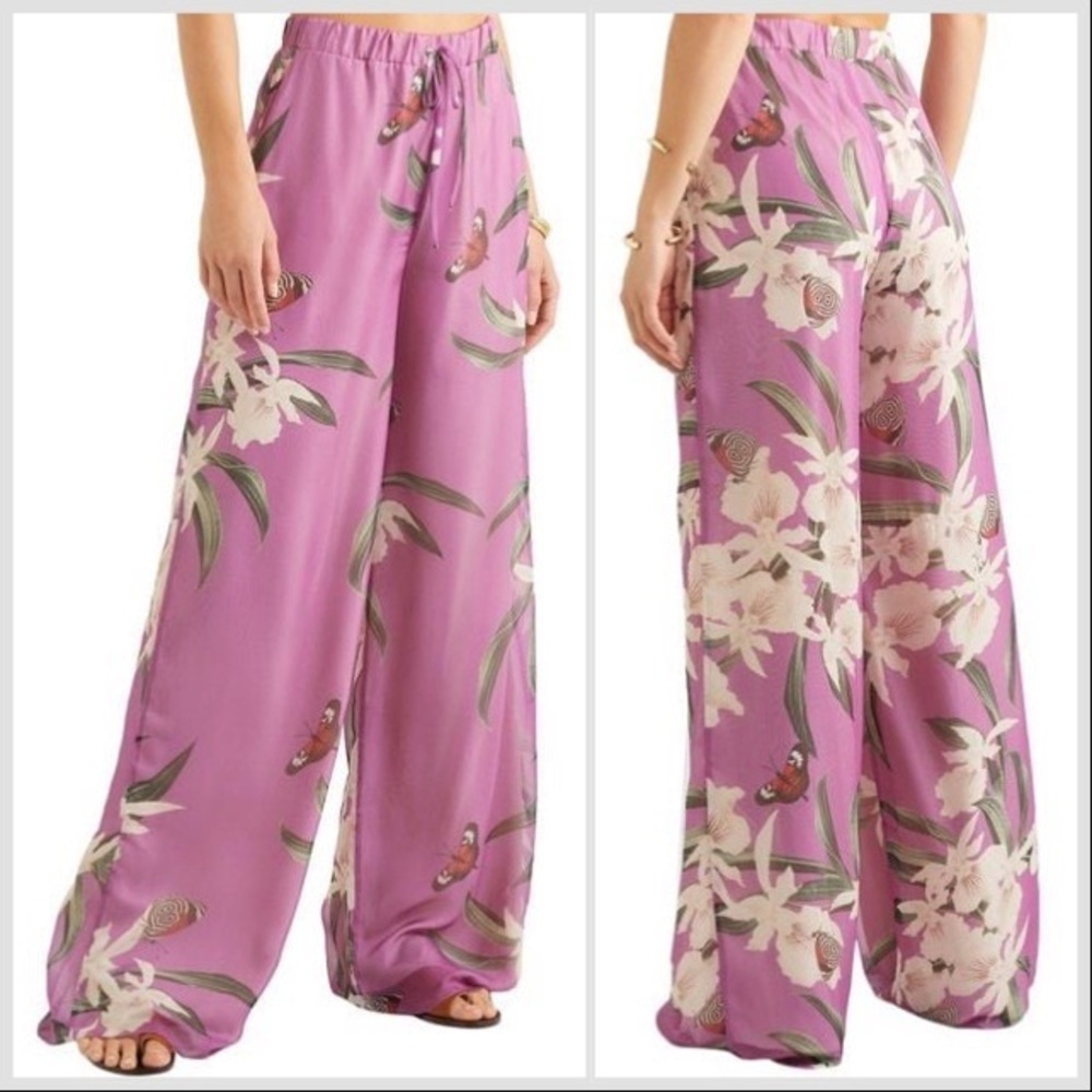 PatBO Pink Chiffon Floral Butterfly Violet Orchid Drawstring Wide Leg Pants Sz 2